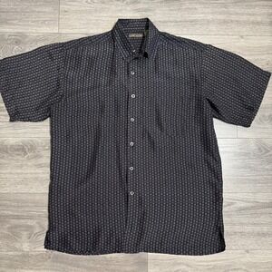 100% Silk SILK ICON Mens Short Sleeve Geometric Square Print Button Down Shirt L